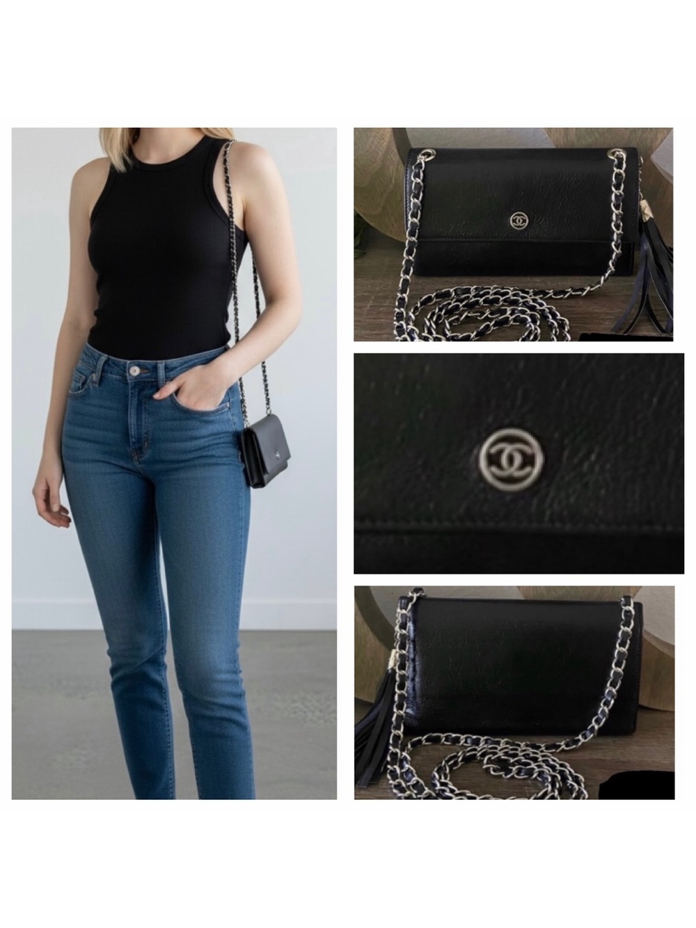 ⛓🖤 Chanel Mini Wallet Chain Crossbody Black Leather on Silver CC Logo WOC Revamp